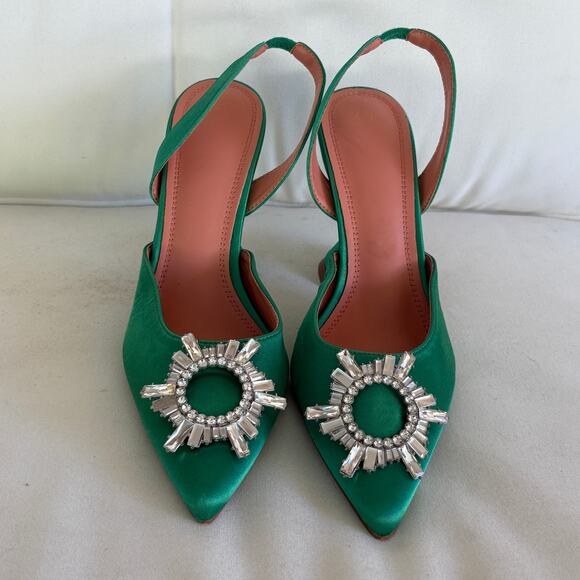 Amazon Satin Slingback Heels 9 Jeweled Embellished Emerald Green Sandals Pumps - Picture 5 of 8
